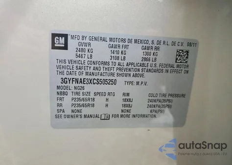 2012 Cadillac Srx Luxury Collection z USA, uszkodzony, nr VIN 3GYFNAE3XCS505250